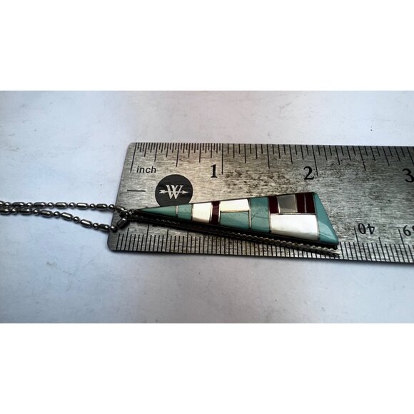 Vintage Sterling Silver 925 Inlay Pendant Necklace Turquoise MOP 20” Estate - Picture 6 of 12